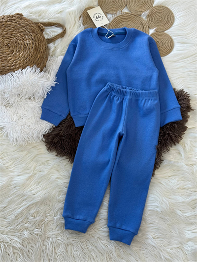 Esnek Ribana Saks Mavi Çocuk Takımı – Sweatshirt & Alt, 18 Ay–6 Yaş