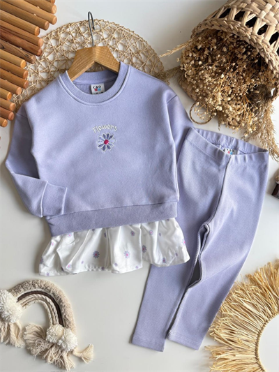 Flowers Nakış Detaylı Kız Çocuk Takımı – Sweatshirt & Tayt Alt, 2–8 Yaş