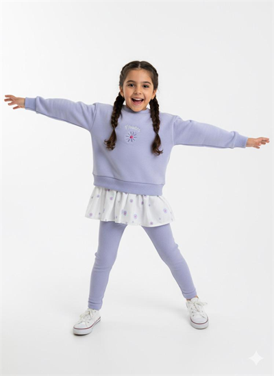 Flowers Nakış Detaylı Kız Çocuk Takımı – Sweatshirt & Tayt Alt, 2–8 Yaş