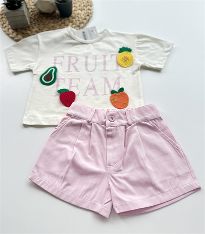 Kız Çocuk Meyve Aplike Tişört ve Şort Takım