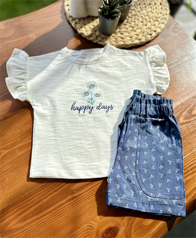 Kız Çocuk Çiçek Nakışlı Tişört ve Şort Takım