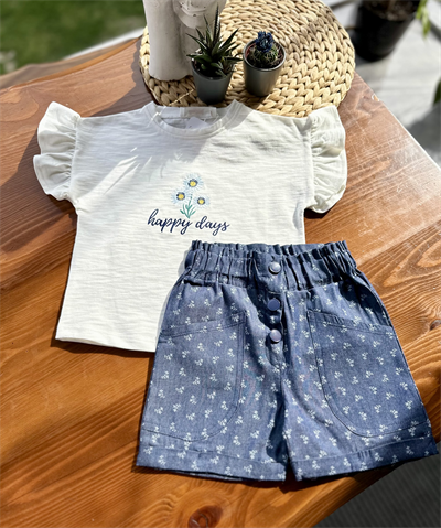 Kız Çocuk Çiçek Nakışlı Tişört ve Şort Takım
