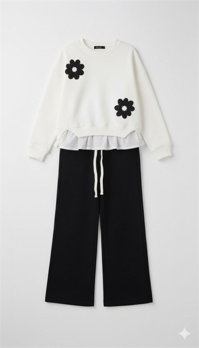 Jabber Çiçek Aplikeli Fırfır Detaylı Genç Takım – Sweatshirt & Boru Paça Alt