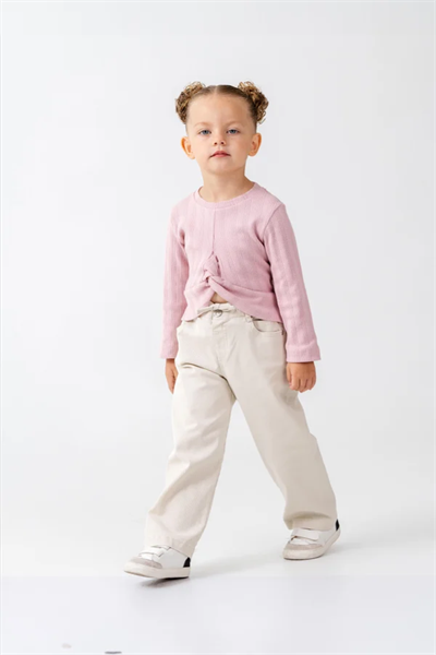 Jakarlı Örme Kumaş Kız Çocuk Sweatshirt - Pembe