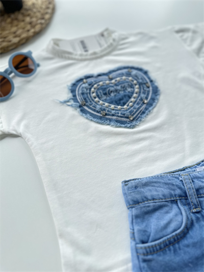 Kız Çocuk Kalp Detaylı Tişört ve Şort Etek Takım Mavi