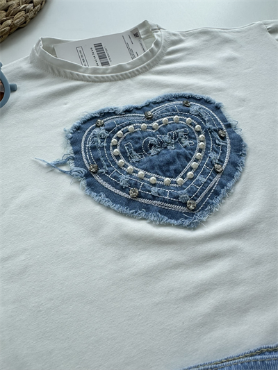 Kız Çocuk Kalp Detaylı Tişört ve Şort Etek Takım Mavi