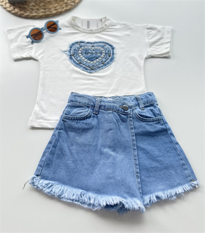 Kız Çocuk Kalp Detaylı Tişört ve Şort Etek Takım Mavi