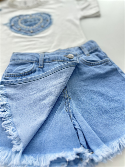 Kız Çocuk Kalp Detaylı Tişört ve Şort Etek Takım Mavi