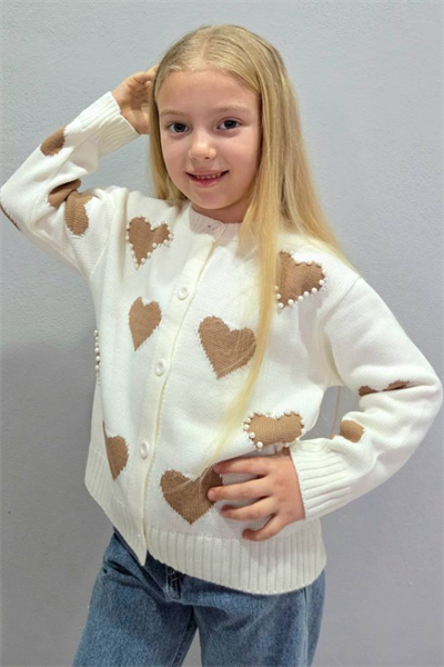 Kız Çocuk Boncuk İşlemeli Kalpli Triko Hırka