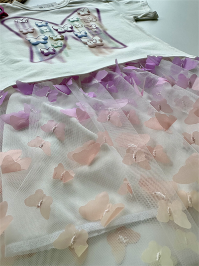 Kelebek Detaylı Tişört ve Tüllü Etek Takım – Pastel