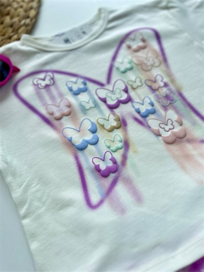 Kelebek Detaylı Tişört ve Tüllü Etek Takım – Pastel