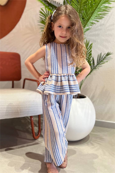 Kız Çocuk 2li Keten Çizgili Takım Krem