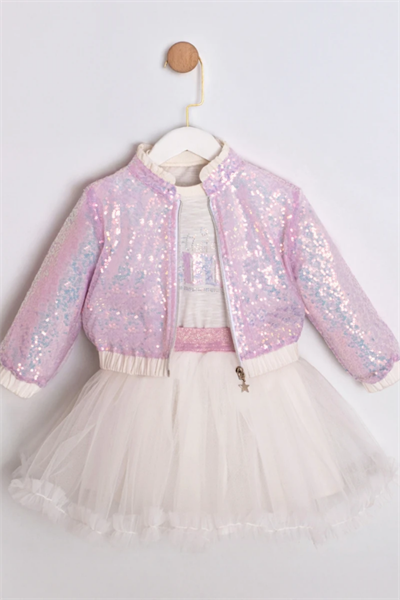 Kız Çocuk 3lü Tişört Yelek Tütü Etek Takım Lila