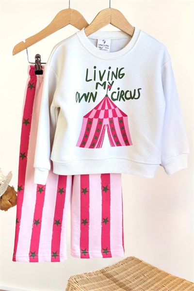 Kız Çocuk Baskılı Sweatshirt ve Eşofman Takım Pembe