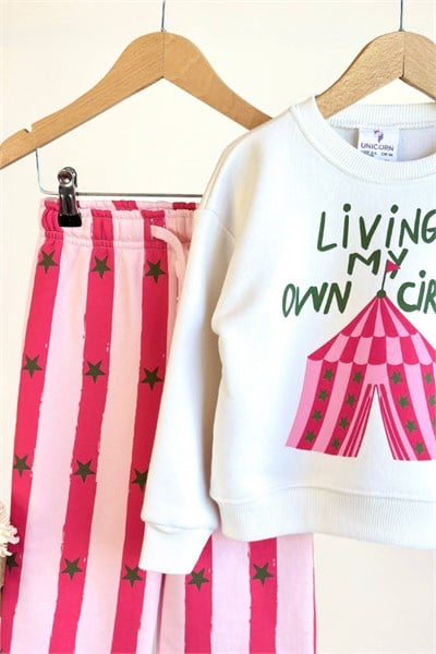 Kız Çocuk Baskılı Sweatshirt ve Eşofman Takım Pembe