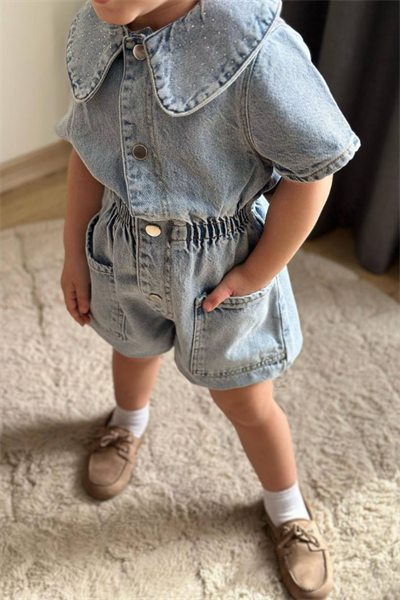 Kız Çocuk Bebe Yaka Taşlı Denim Salopet Mavi