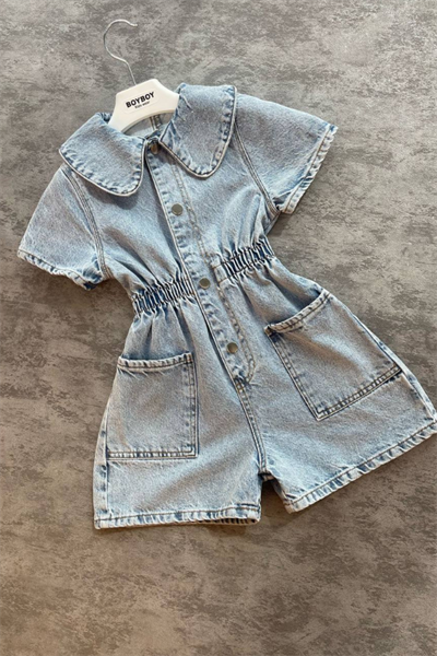Kız Çocuk Bebe Yaka Taşlı Denim Salopet Mavi