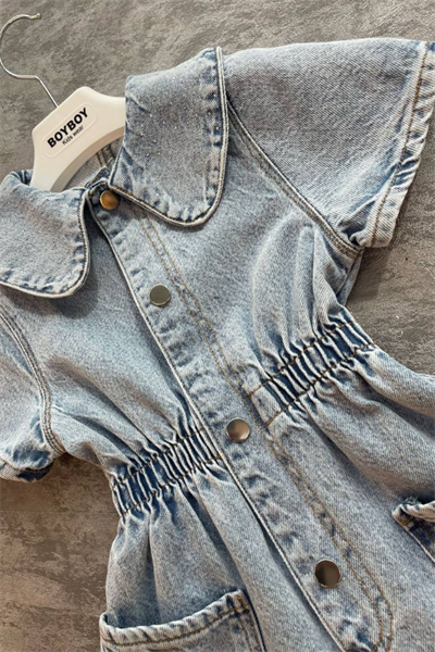 Kız Çocuk Bebe Yaka Taşlı Denim Salopet Mavi