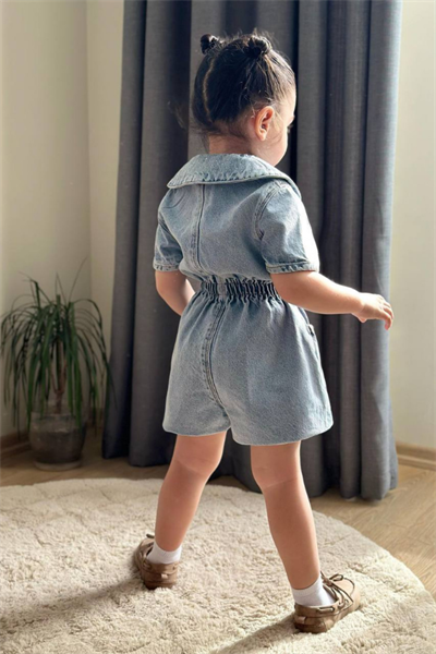 Kız Çocuk Bebe Yaka Taşlı Denim Salopet Mavi