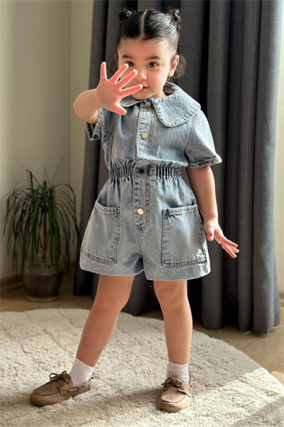 Kız Çocuk Bebe Yaka Taşlı Denim Salopet Mavi