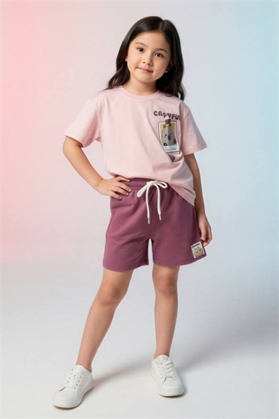 Kız Çocuk Capyfun Baskılı Tişört ve Şort Takım Bordo