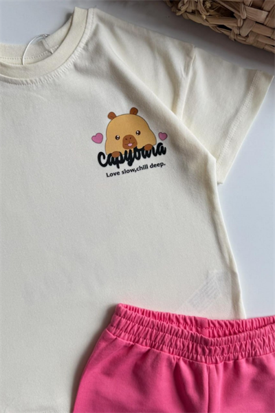 Kız Çocuk Capybara Baskılı Yazlık Tişört ve Şort Takım Ekru