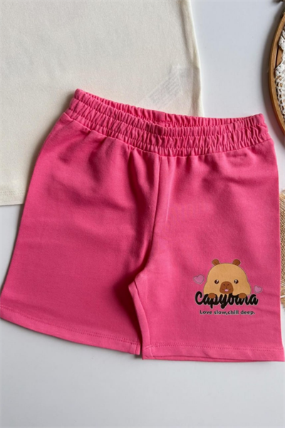 Kız Çocuk Capybara Baskılı Yazlık Tişört ve Şort Takım Ekru
