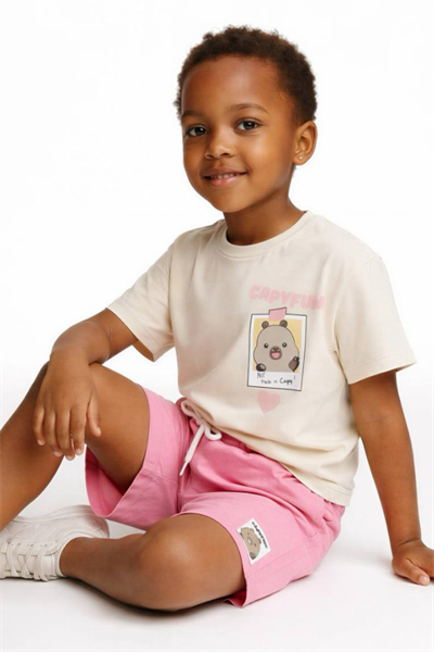 Kız Çocuk Capyfun Baskılı Tişört ve Şort Takım Pembe