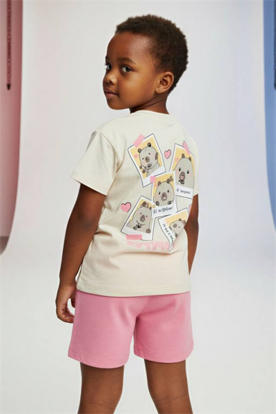 Kız Çocuk Capyfun Baskılı Tişört ve Şort Takım Pembe