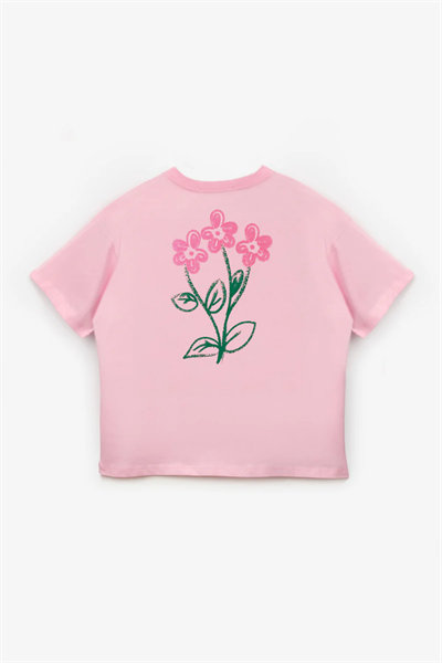 Kız Çocuk Çiçek Baskılı Tişört Pembe