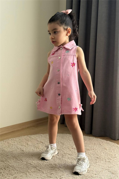 Kız Çocuk Çiçek Nakışlı Elbise Pembe