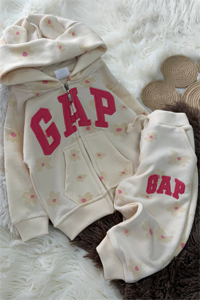 Çiçek Baskılı Kapüşonlu Eşofman Takımı – Kız Çocuk (Ekru)