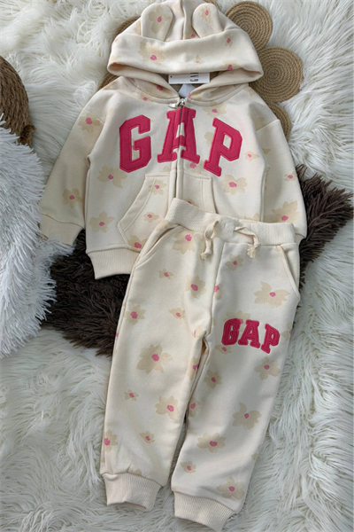 Çiçek Baskılı Kapüşonlu Eşofman Takımı – Kız Çocuk (Ekru)