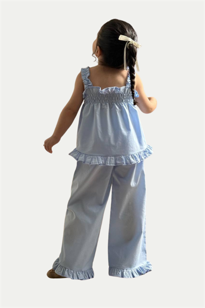 Kız Çocuk Fırfır Detaylı Bluz Pantolon Takım - Mavi