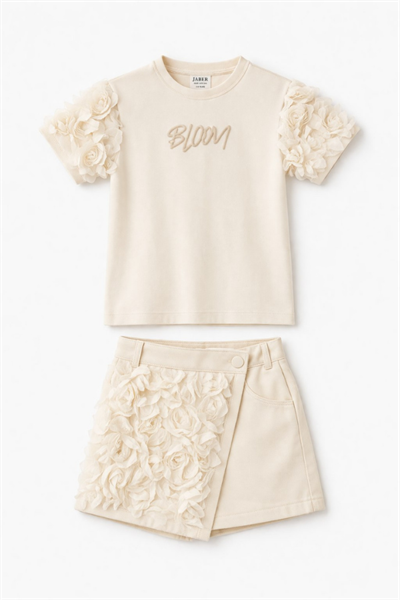 Kız Çocuk Gül Detaylı Şort Etek Takım 