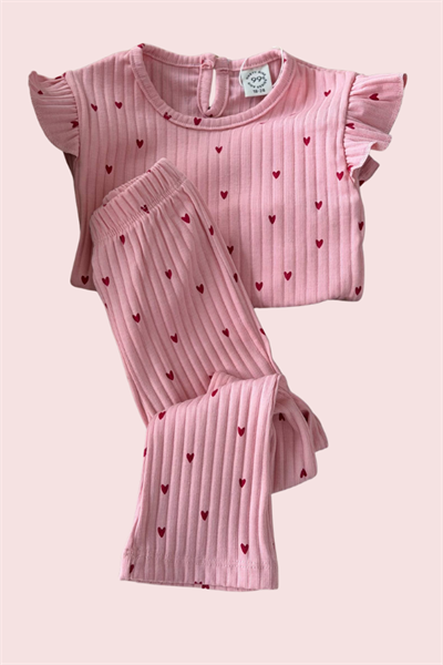 Kız Çocuk Kalp Baskılı Takım  Pembe