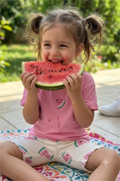 Kız Çocuk Karpuz İşlemeli Tişört ve Kısa Tayt Takım Pembe