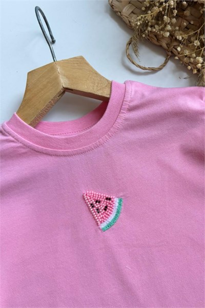 Kız Çocuk Karpuz İşlemeli Tişört ve Kısa Tayt Takım Pembe