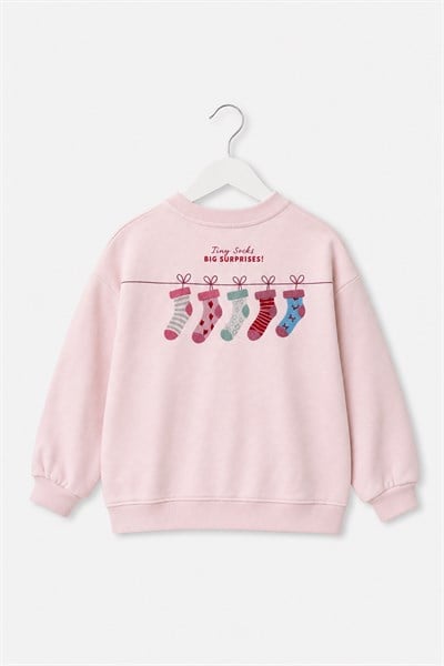 Kız Çocuk Kazak Baskılı Oversize Sweatshirt Pembe