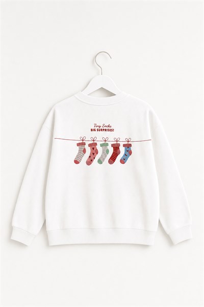 Kız Çocuk Kazak Baskılı Oversize Sweatshirt Ekru