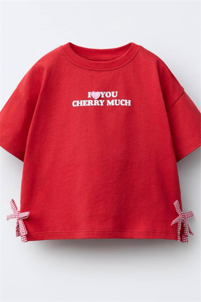 Kız Çocuk Kurdale Detaylı Tshirt Kırmızı
