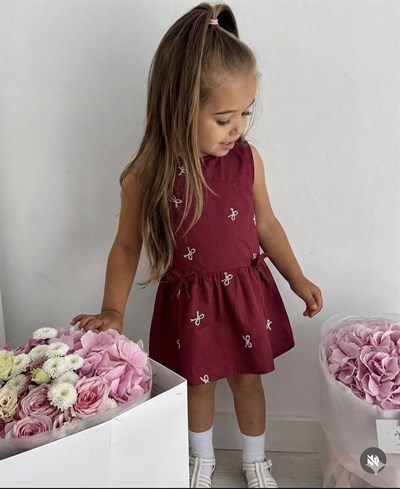 Kız Çocuk Kurdele Nakışlı Elbise - Bordo
