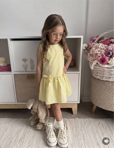 Kız Çocuk Kurdele Nakışlı Elbise - Sarı