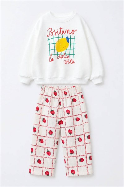 Kız Çocuk Meyve Temalı Sweatshirt Eşofman Takım