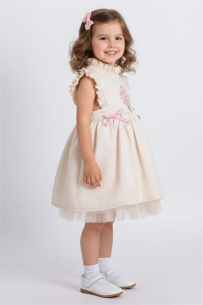 Kız Çocuk Nakış İşlemeli Elbise Bej