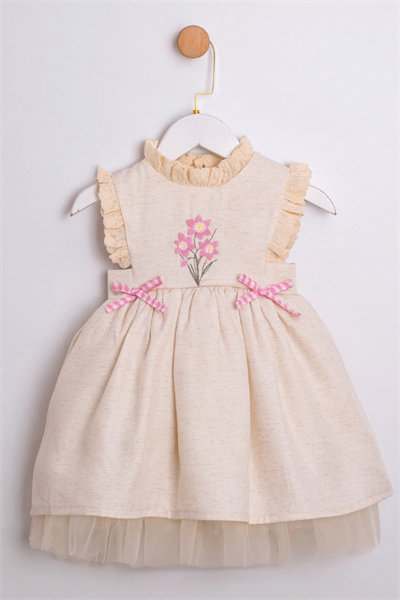 Kız Çocuk Nakış İşlemeli Elbise Bej