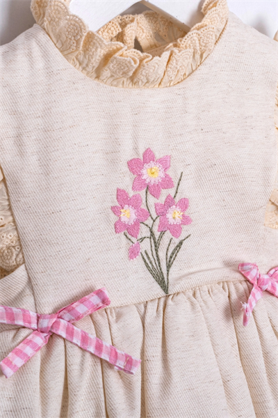 Kız Çocuk Nakış İşlemeli Elbise Bej