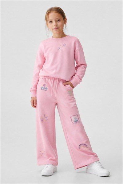 Kız Çocuk Nakış İşlemeli Sweatshirt Eşofman Takım Pembe