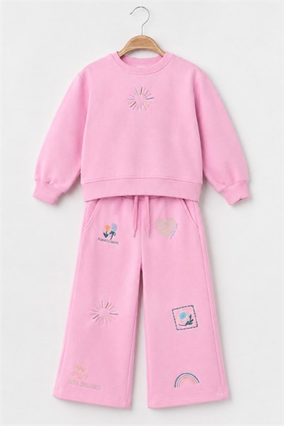 Kız Çocuk Nakış İşlemeli Sweatshirt Eşofman Takım Pembe