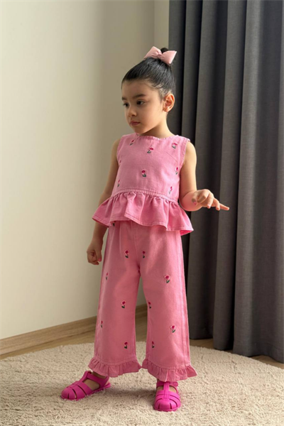 Kız Çocuk Nakış İşlemeli Takım Pembe